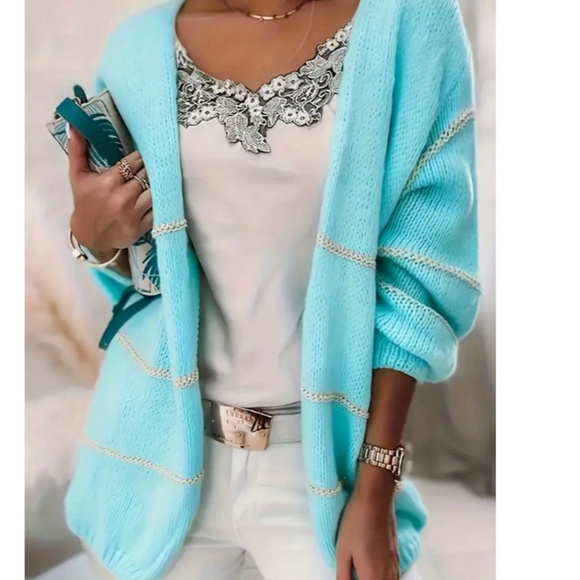 Plus Cozy Aqua Solid Open Front Loose Fit Cardigan - Picture 2 of 2